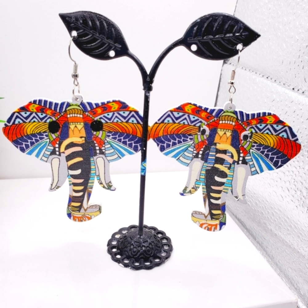 Elephant earrings, wooden elephant earrings, dangle earrings. 2.5 Inches - Picture 8 of 10